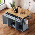 Grand îlot de cuisine 54 avec abattant en bois d'hévéa, chariot de cuisine roulant à texture gaufrée sur 4 roues avec 4 portes et 3 tiroirs