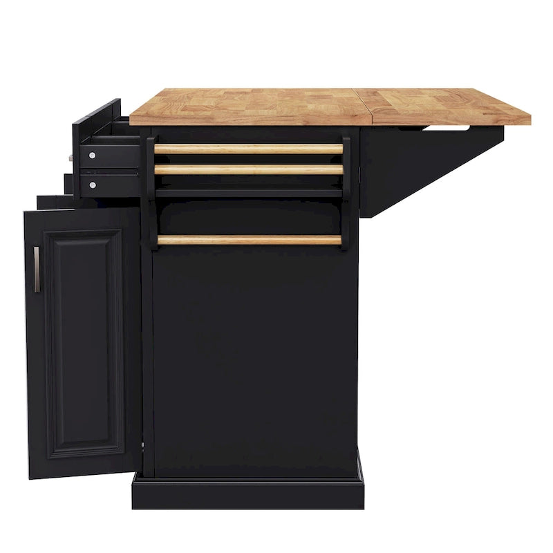 Grand îlot de cuisine 54 avec abattant en bois d'hévéa, chariot de cuisine roulant à texture gaufrée sur 4 roues avec 4 portes et 3 tiroirs