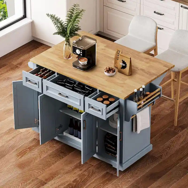 Grand îlot de cuisine 54 avec abattant en bois d'hévéa, chariot de cuisine roulant à texture gaufrée sur 4 roues avec 4 portes et 3 tiroirs