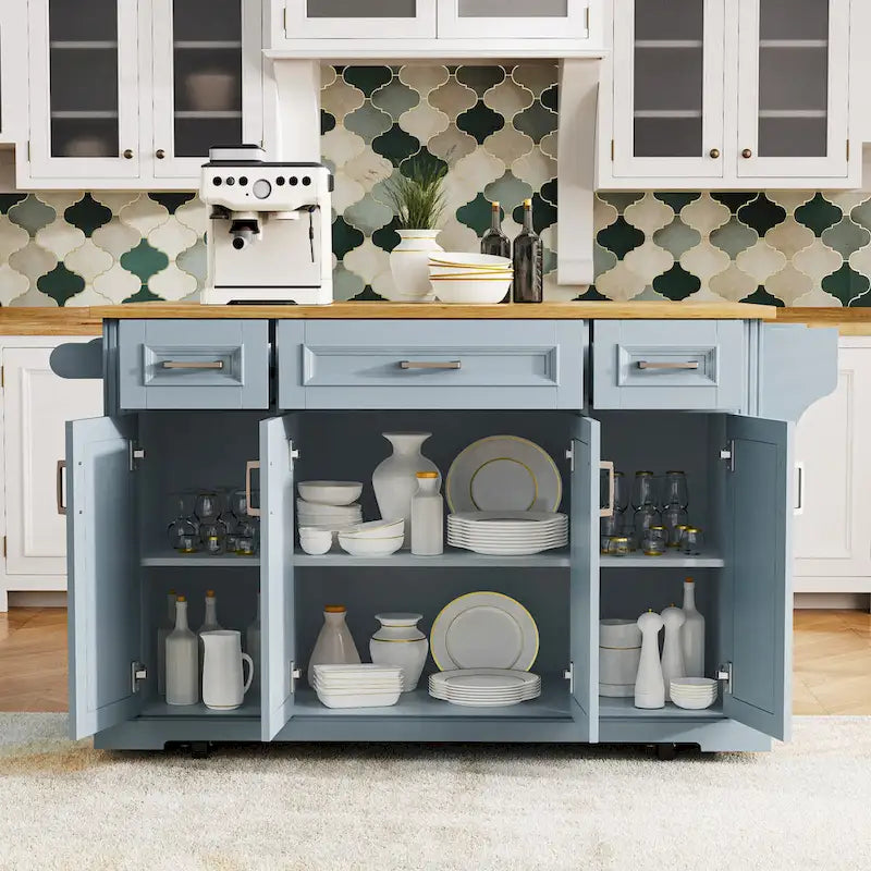 Grand îlot de cuisine 54 avec abattant en bois d'hévéa, chariot de cuisine roulant à texture gaufrée sur 4 roues avec 4 portes et 3 tiroirs