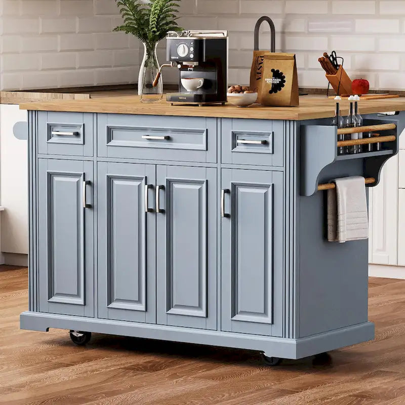 Grand îlot de cuisine 54 avec abattant en bois d'hévéa, chariot de cuisine roulant à texture gaufrée sur 4 roues avec 4 portes et 3 tiroirs
