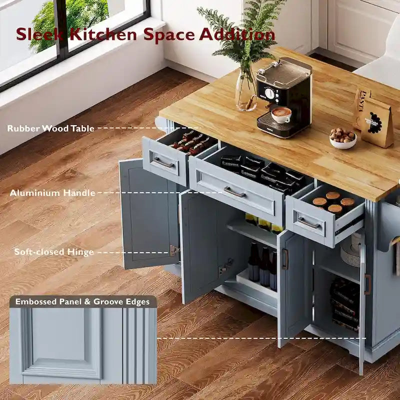 Grand îlot de cuisine 54 avec abattant en bois d'hévéa, chariot de cuisine roulant à texture gaufrée sur 4 roues avec 4 portes et 3 tiroirs