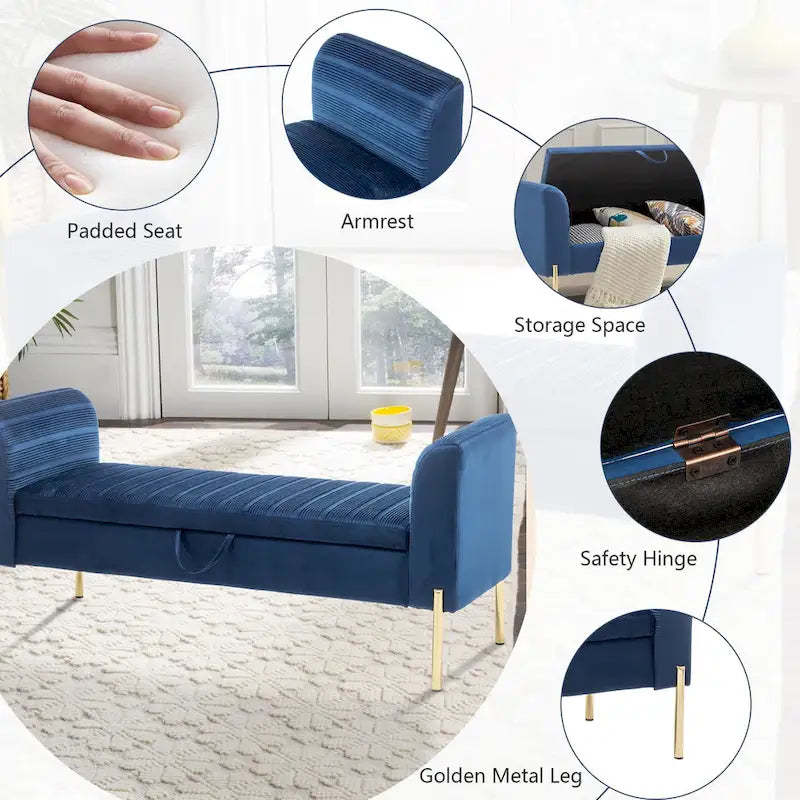 Banc ottoman de rangement, banc d'entrée en velours rembourré avec accoudoir et grand espace de rangement pour le salon - 132 cm