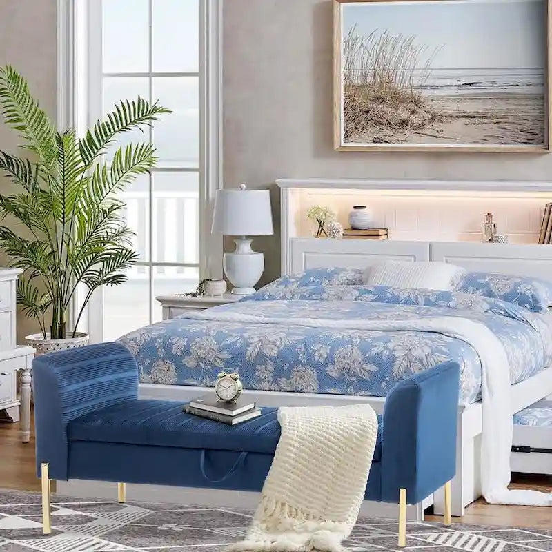 Banc ottoman de rangement, banc d'entrée en velours rembourré avec accoudoir et grand espace de rangement pour le salon - 132 cm