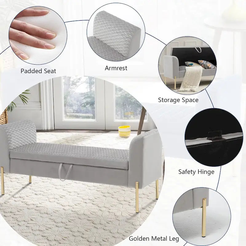 Banc ottoman de rangement, banc d'entrée en velours rembourré avec accoudoir et grand espace de rangement pour le salon - 132 cm