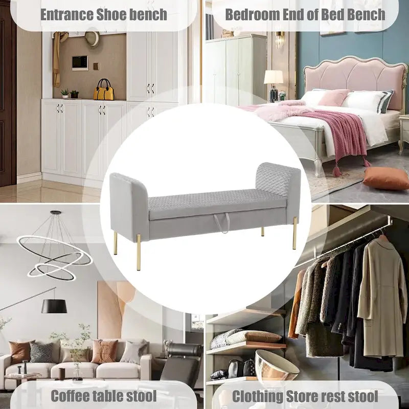 Banc ottoman de rangement, banc d'entrée en velours rembourré avec accoudoir et grand espace de rangement pour le salon - 132 cm