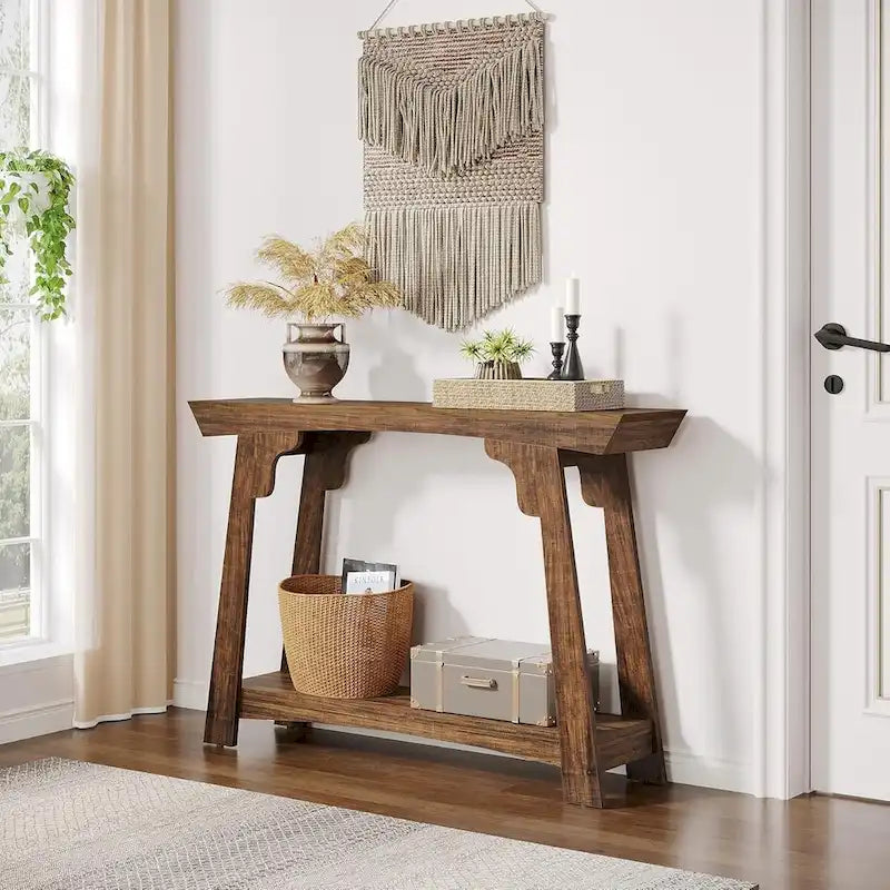 Console en bois, table d'entrée étroite à 2 niveaux avec étagère de rangement